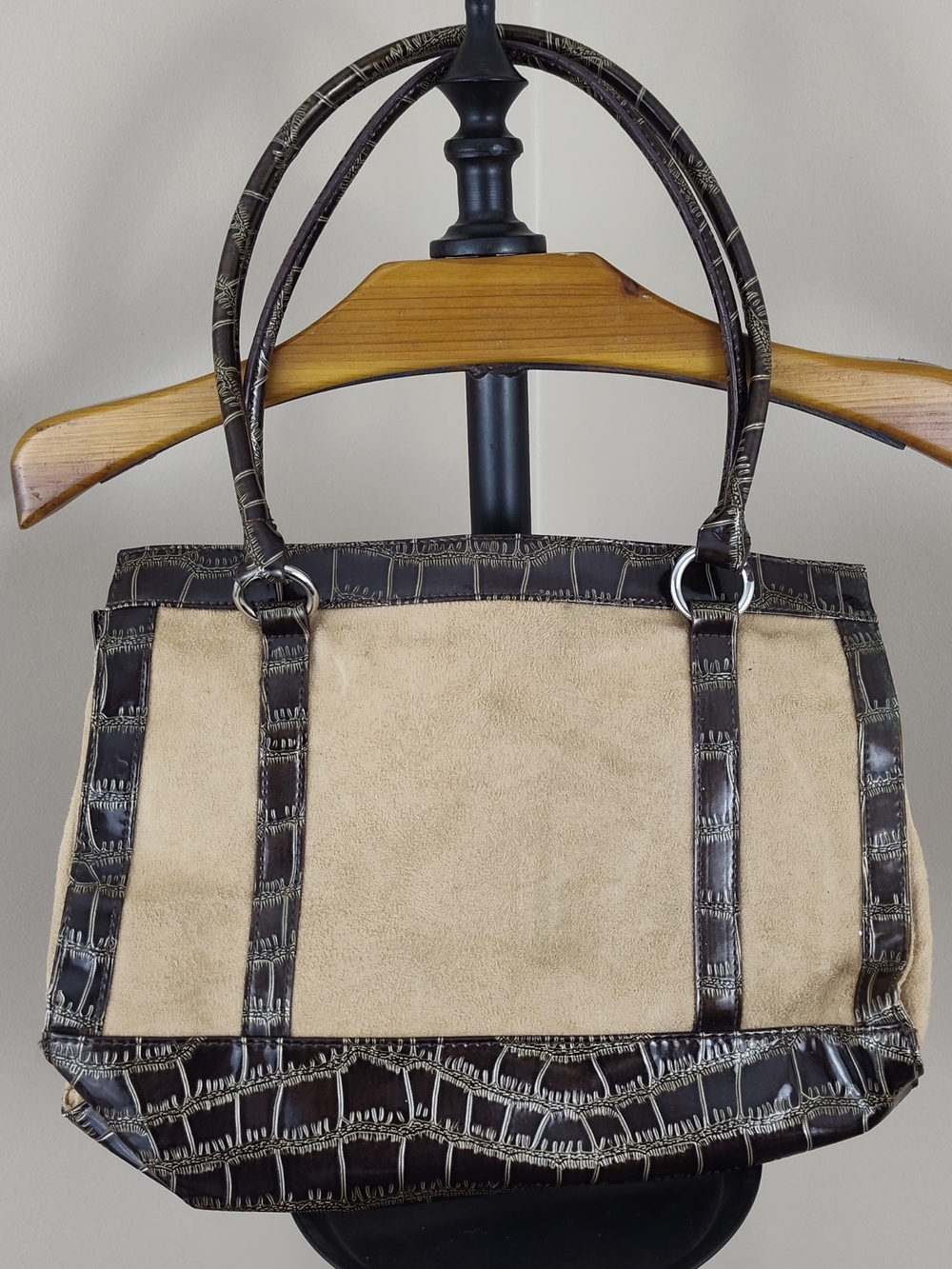 Sag Harbor Beige Suede Tote with Dark Brown Croc-Trim Handles